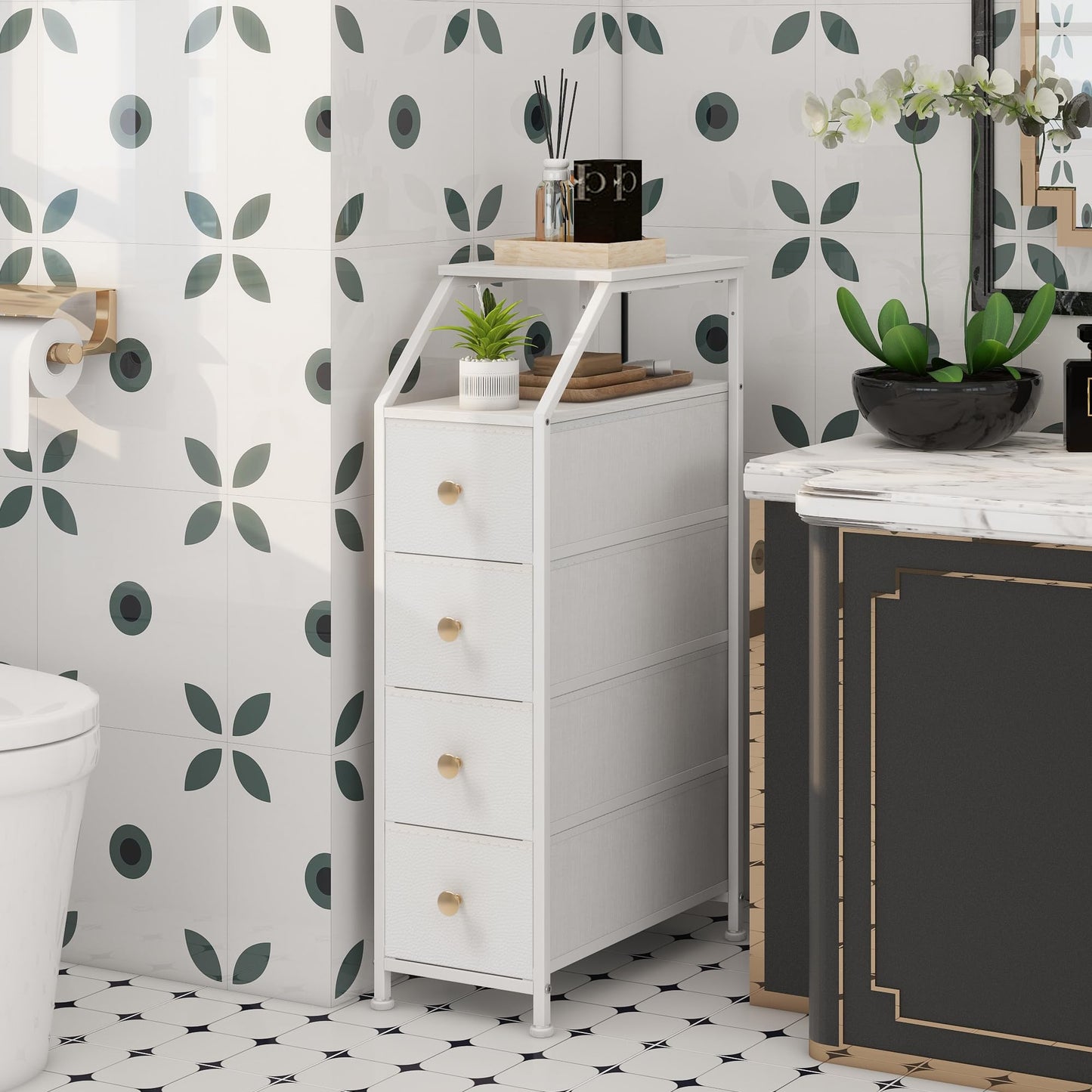 Tohomeor Narrow Dresser Tall Skinny Storage Tower Vertical Slim Chest of Drawers with Charging Station Small Nightstand Side Table for Bedroom, Bathroom, Small Spaces (White, 4 Drawers)