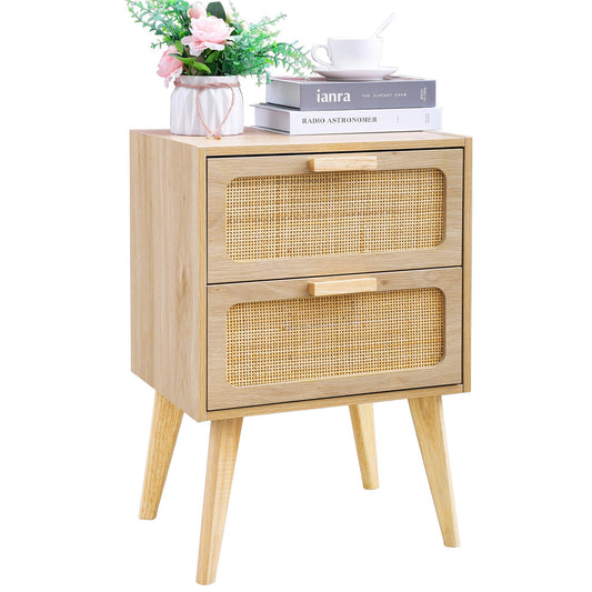YAUKOMEL Rattan Nightstand,Boho Bedside with Storage,End Table,Side Table with 2 Hand Made Rattan Decorated Drawers for Small Space,Livingroom,Bedroom,Natural 11.8" D x 16" W x 22.4" H CTG59Y