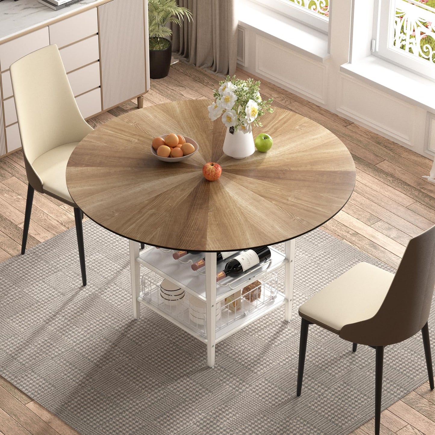 VFK 47'' Round Dining Table Set for 4-6, Farmhouse Kitchen Table with 4 Chairs & Storage Rack, Rustic Wood Dining Set with Sturdy Metal Base for Dining Room & Living Room