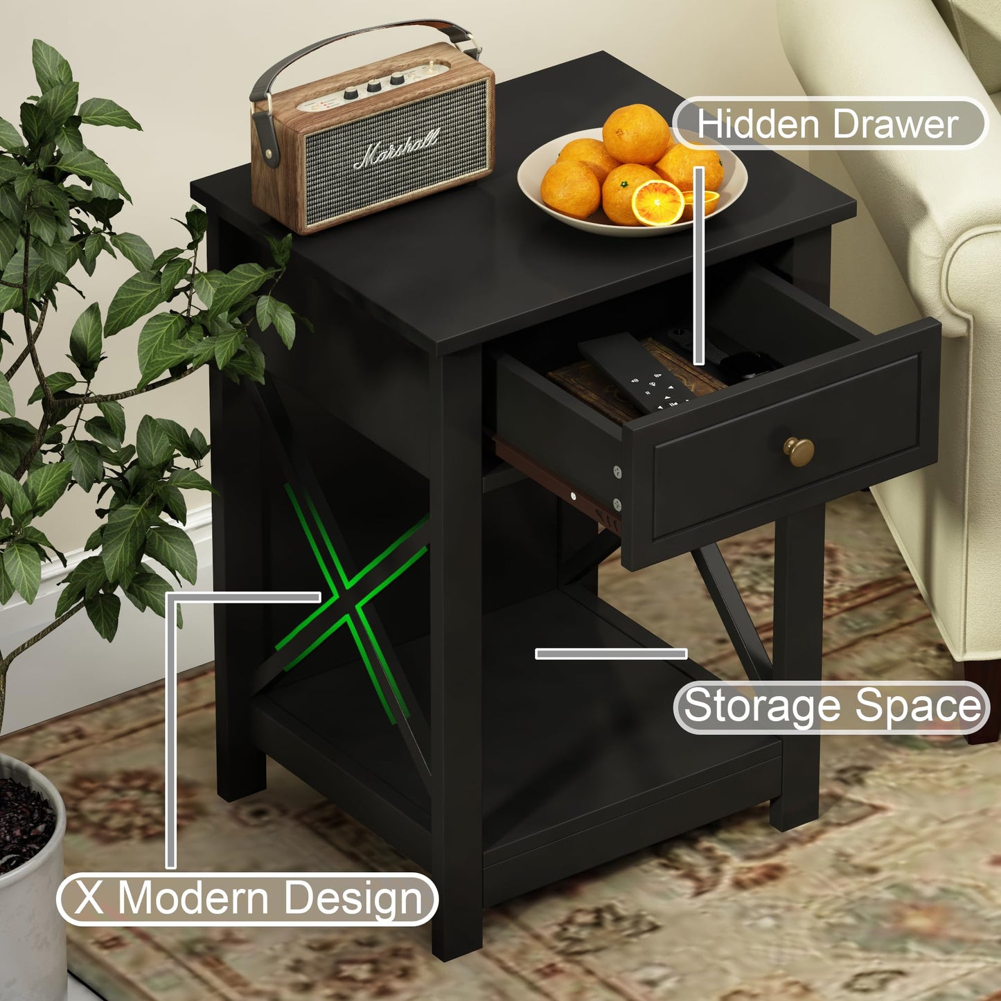 Treocho Black End Table Set of 2, Modern X-Design Night Stand,Bedside End Table with Open Storage for Small Place,Bedroom