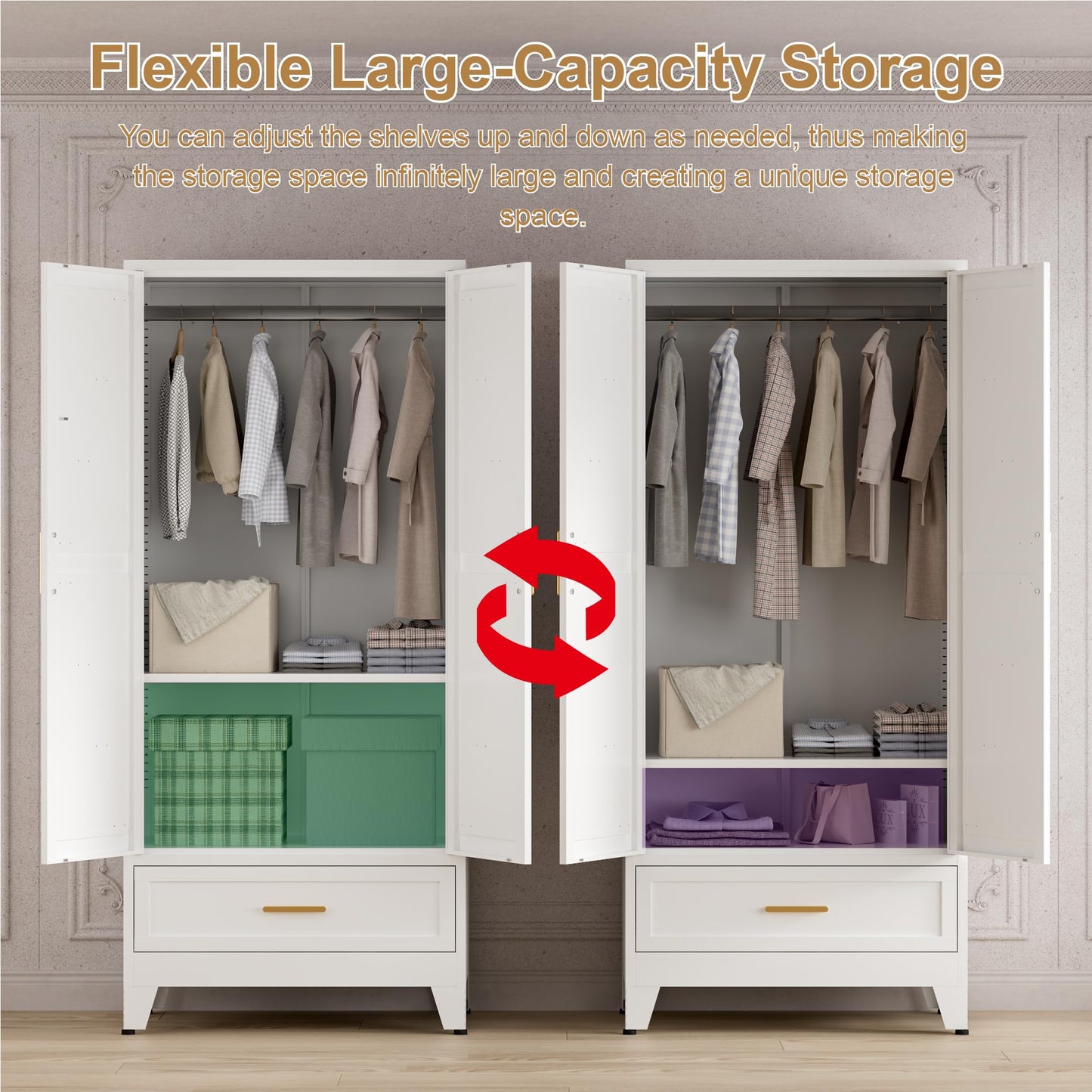 Washsemba 71'' Farmhouse Metal Wardrobe Cabinet with Hanging Rod, 2 Barn Door Wardrobe Closet with Adjustable Shelves,Drawer,for Dining Room,Bedroom,Living Room, Cloak Room,Office (White)