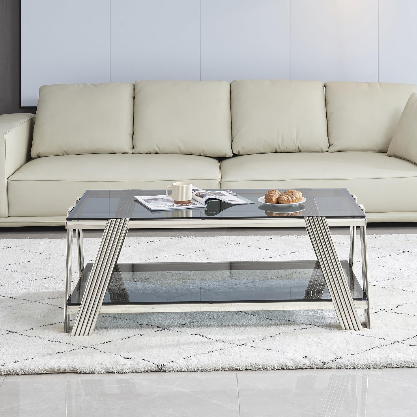 47" Modern Coffee Table, Double-Layer Black Tempered Glass Table Top with Stainless Steel Frame, Center Table with Storage, for Living Room Home Office, Silver