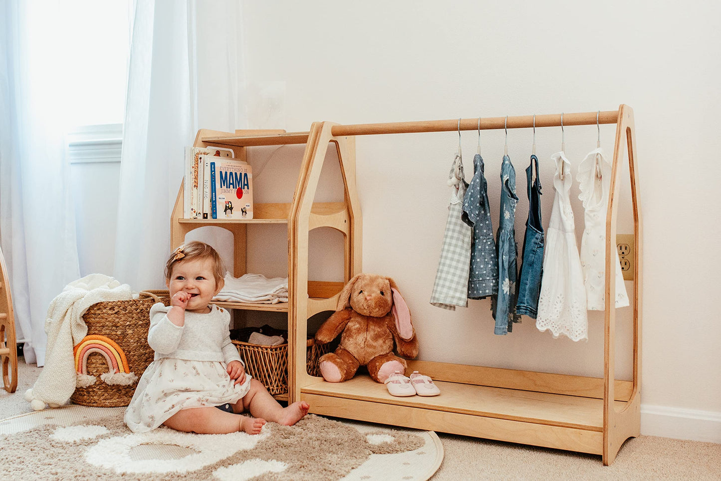 WOOD&ROOM Montessori Kids Clothing Rack with Shelf - Wooden Toddler Dress Up Clothes Rack - Kids Clothing Storage, Childrens Wardrobe Closet, Dressup Storage Organizer, Mini Closet For Kids Room