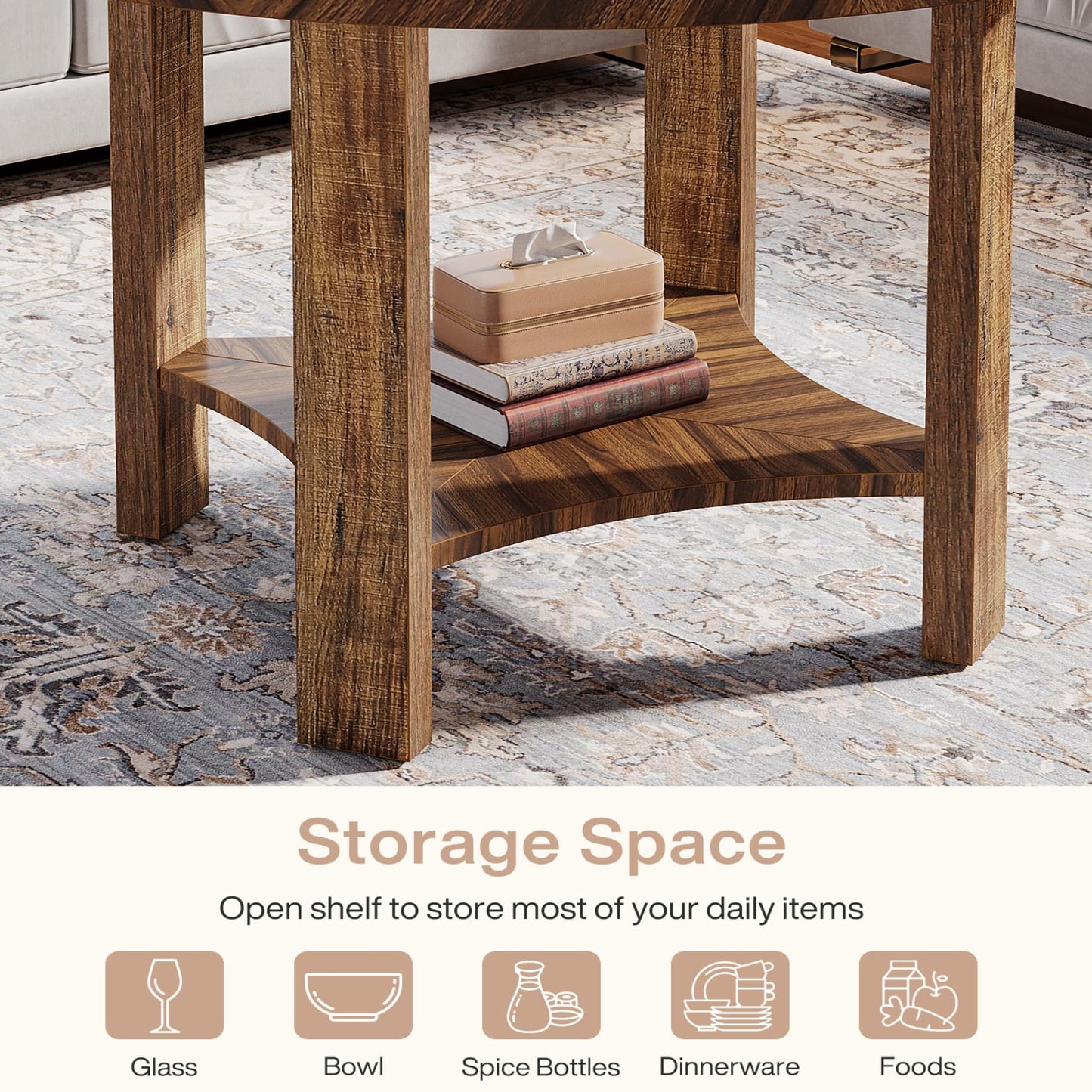 Tribesigns 47-Inch Round Dining Table for 4, Farmhouse Kitchen Table with Storage Shelf, Wooden Circle Dinner Table for Dining Room, Living Room, Small Spaces (Walnut)