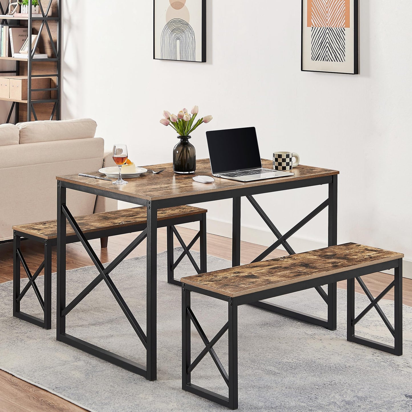 VECELO Kitchen Table with 2 Benches for 4, Wood Dining Room Dinette Sets for Breakfast Nook and Small Space, Brown