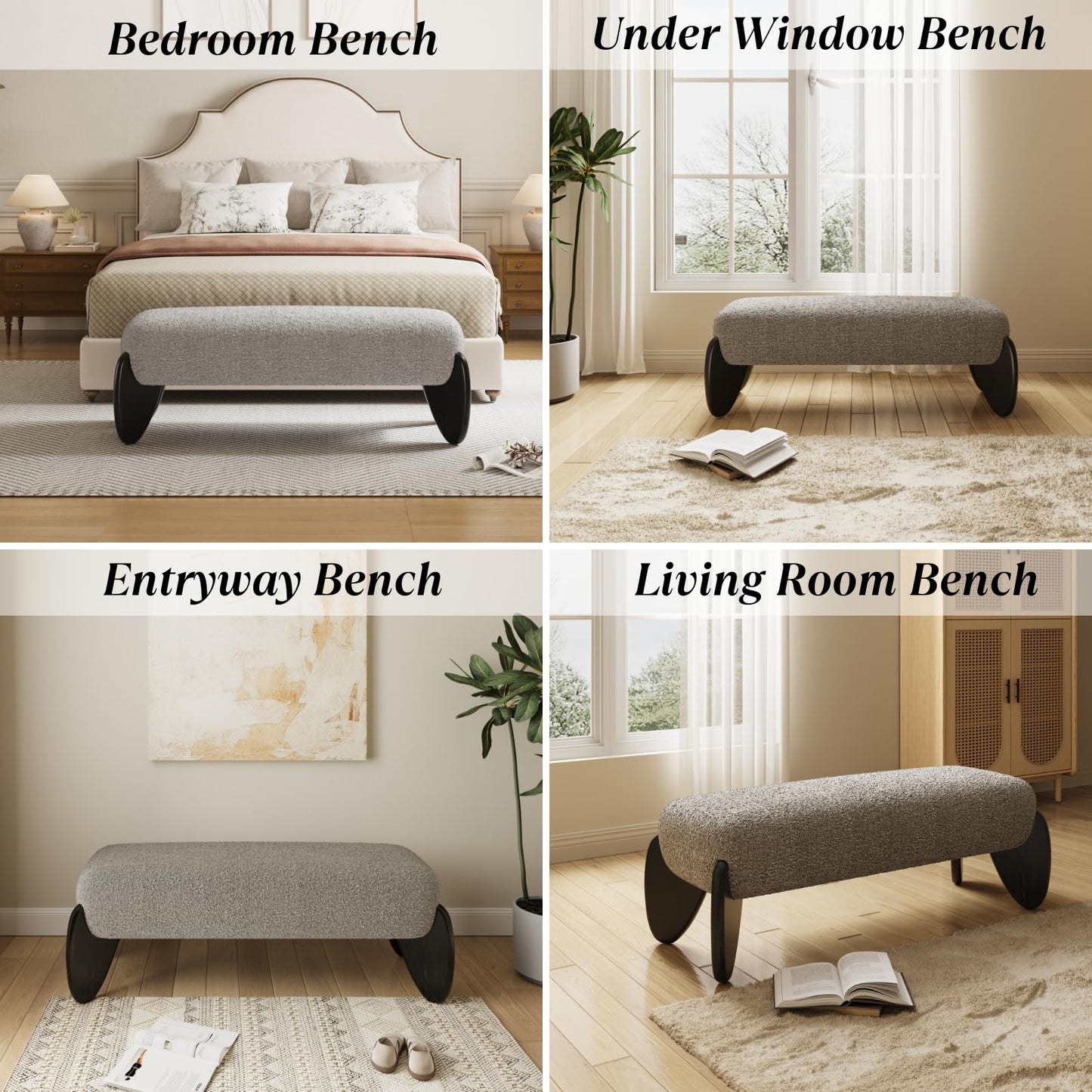Ya-Home Modern Living Room Bench, Boucle Upholstered Bedroom Bench End of Bed, 50” Entryway Bench with Black Wooden Legs, Window Ottoman Bench for Bedroom/Hallway,Grey