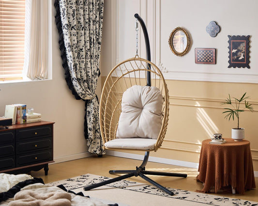 Topfuca Indoor/Outdoor Egg Hanging Chair with Stand - Patio Wicker Swing Hammock Chair. 350lbs Capacity, Cushioned. Ideal for Bedroom, Balcony, Porch, Garden. Versatile Swing Chair for All Spaces