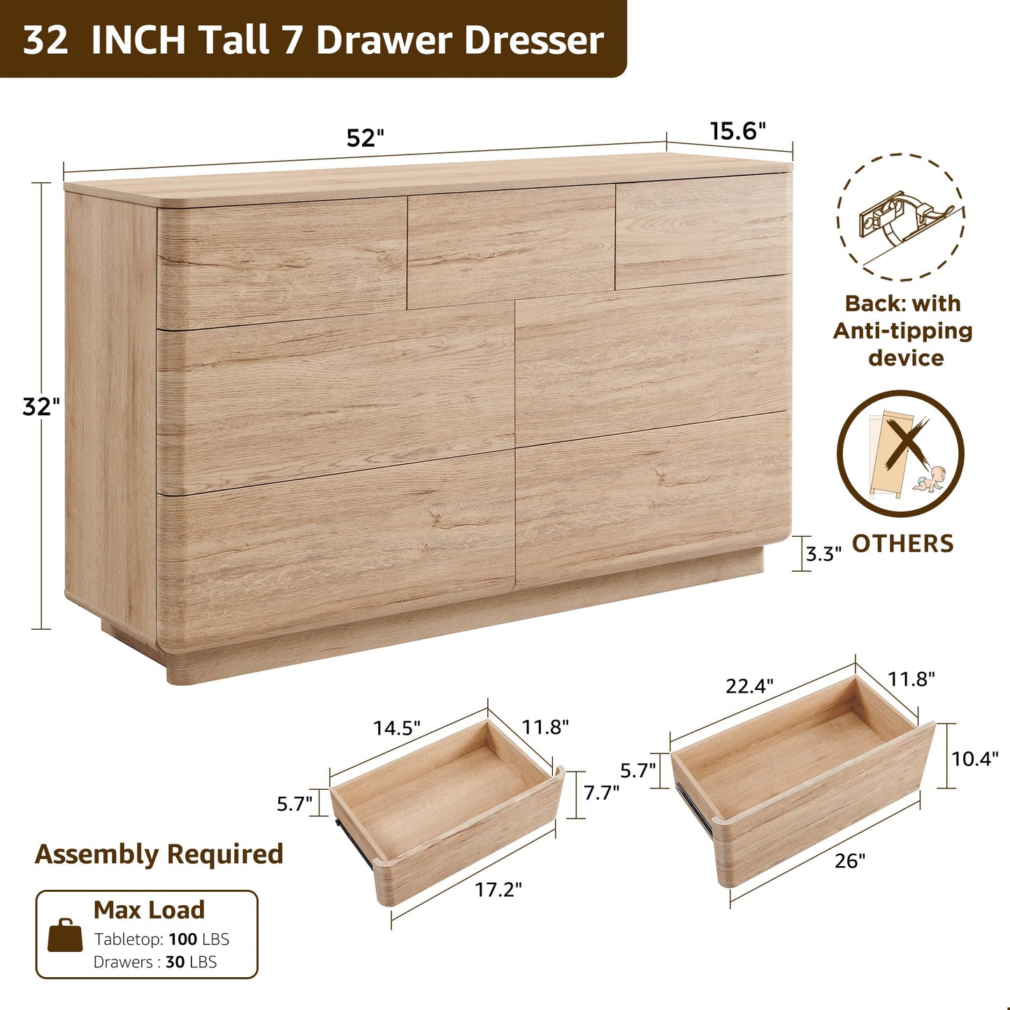 ACCOHOHO Modern 7 Drawer Dresser for Bedroom, 52" Wide Handleless Chest of Drawers, Push-to-Open Large Wood Storage, Dresser TV Stand for Bedroom, Living Room, Hallway, Curved Profile, Natural Oak