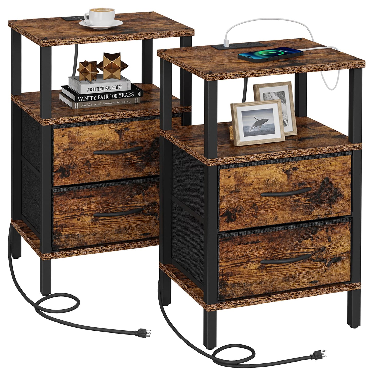 TUTOTAK End Table with Charging Station, Side Table with 2 USB Ports and Outlets, Nightstand with Cloth Drawer, Set of 2, Couch Table, Brown TB01BB067