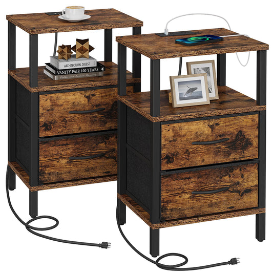 TUTOTAK End Table with Charging Station, Side Table with 2 USB Ports and Outlets, Nightstand with Cloth Drawer, Set of 2, Couch Table, Brown TB01BB067