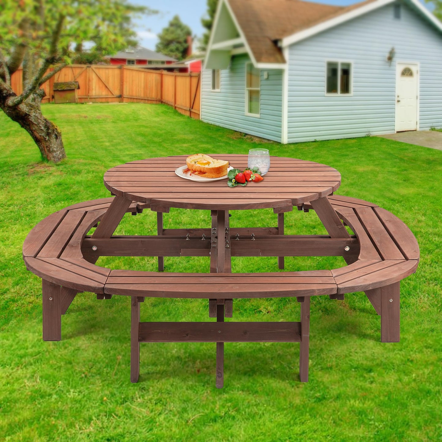 RocVanc 8-12 Person Outdoor Round Wooden Picnic Table with 8 Built-in Benches, Umbrella Hole, Lifetime Outside Table and Bench Set for Garden, Backyard, Porch, Patio and Deck