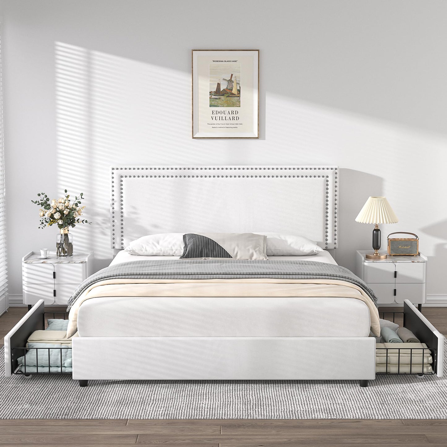 VECELO Full Size Upholstered Platform Bed Frame with 4 Storage Drawers, Adjustable Velvet Rivets Headboard, Wooden Slats Support, No Box Spring Needed, Easy Assembly