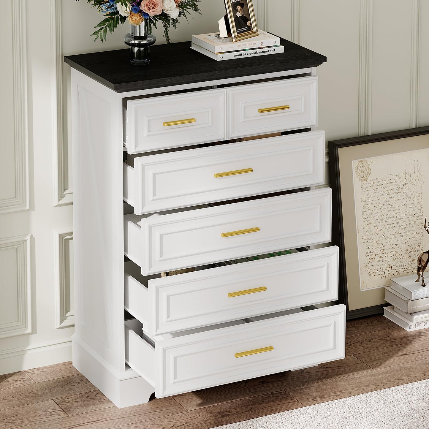 Virabit White Dresser for Bedroom with 6 Drawers, 44" Tall Wooden Farmhouse Cabinet, Modern Kids Dresser with Metal Handle, Mid Century Chest of Organizer for Closet, Living Room, Hallway