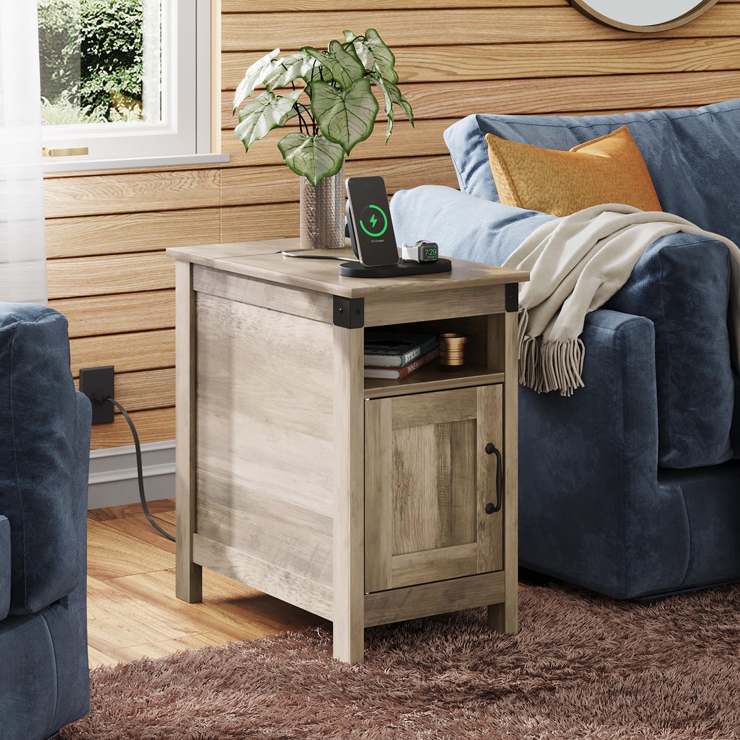 WLIVE Farmhouse End Table with Charging Station, Narrow Side Table for Living Room, Bedroom, Small Nightstand with Storage, USB Ports and Outlets, Small Wooden Cabinet, Greige