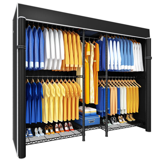 Ulif E12C Heavy Duty Closet Organizer System，Freestanding Clothing Rack, Adjustable Garment Rack 71" W x 16" D x 76.5" H Holds 960 lbs, Black Rack with Black Dustproof Cover