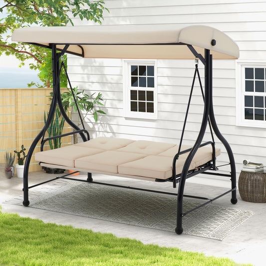 U-MAX Porch Swing Chair with Adjustable Backrest&Canopy, 3 Seat Patio Swing with Canopy 2-in-1 Convertible Outdoor Swing with Canopy Patio Daybed with Removable Beige Cushions for Adults