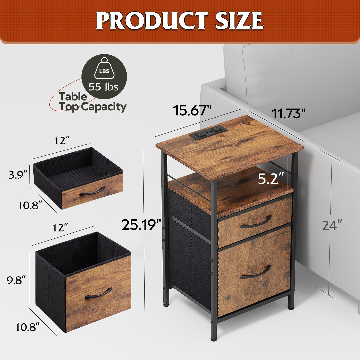 WLIVE Night Stand Set 2, Nightstand with Charging Station, Bedside Tables for Bedroom, Side Table with Fabric Drawers, USB Ports and Outlets, Rustic Brown