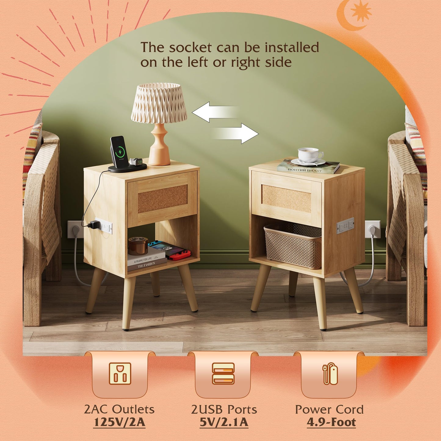 WLIVE Rattan Nightstand with Charging Station, Boho Night Stand, Small Bedroom Side Table, End Table with Drawer and Storage, Wood Bedside Tables for Bedroom, Small Spaces, Natural Oak