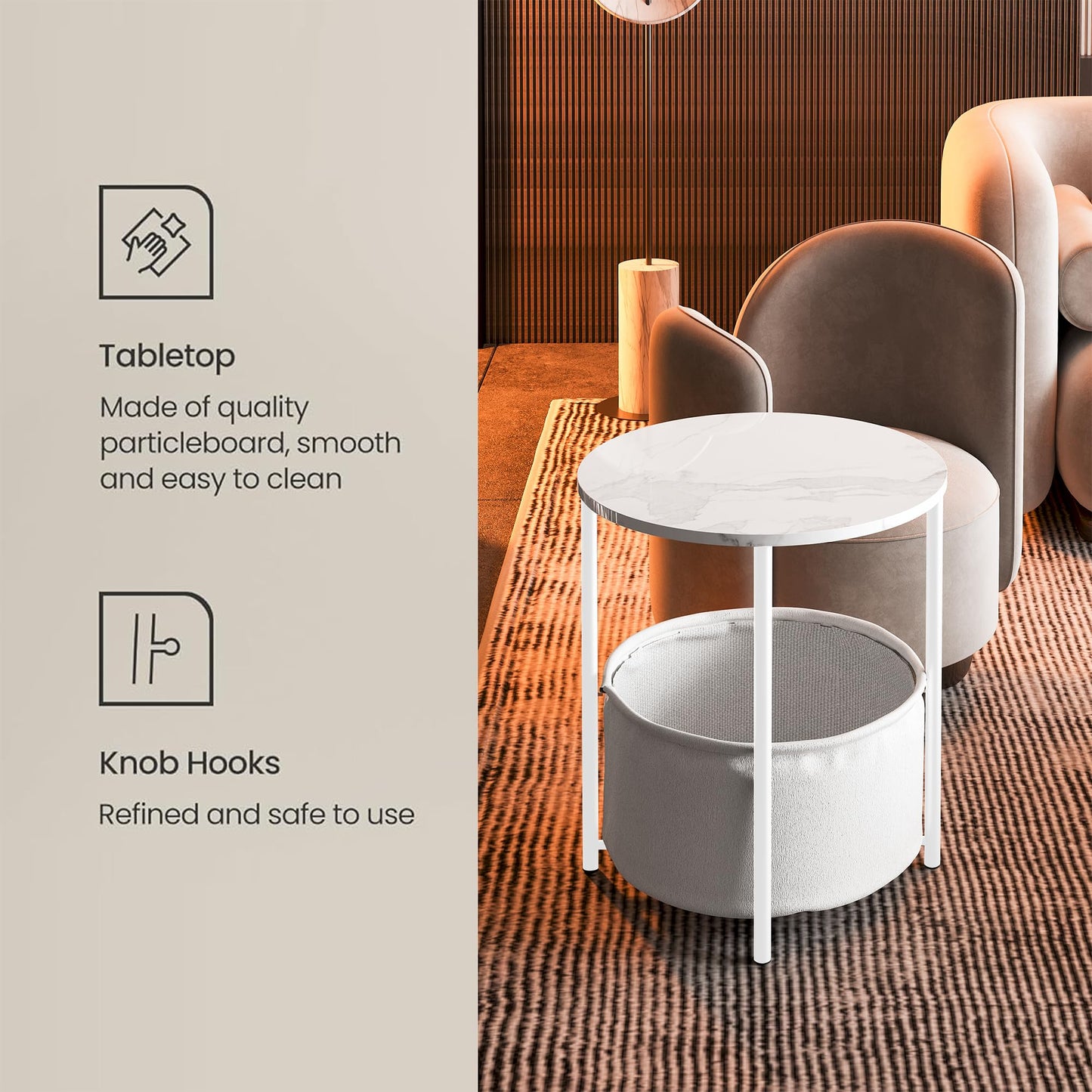 VERFARM Coffee Table with Storage, Round Center Table for Living Room, Bedroom with Fabric Basket, Modern End Table, Metal Side Table, Bedside Nightstand for Small Spaces, White