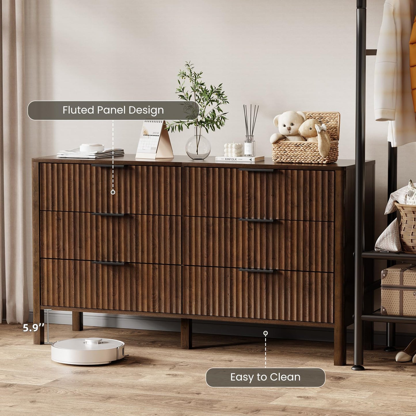 55" Wide Fluted 6 Drawer Dresser for Bedroom, Wooden Dresser Modern Chest of Drawers TV Stand Dressers with Organizer Storage for Bedroom, Living Room, Entryway, Walnut