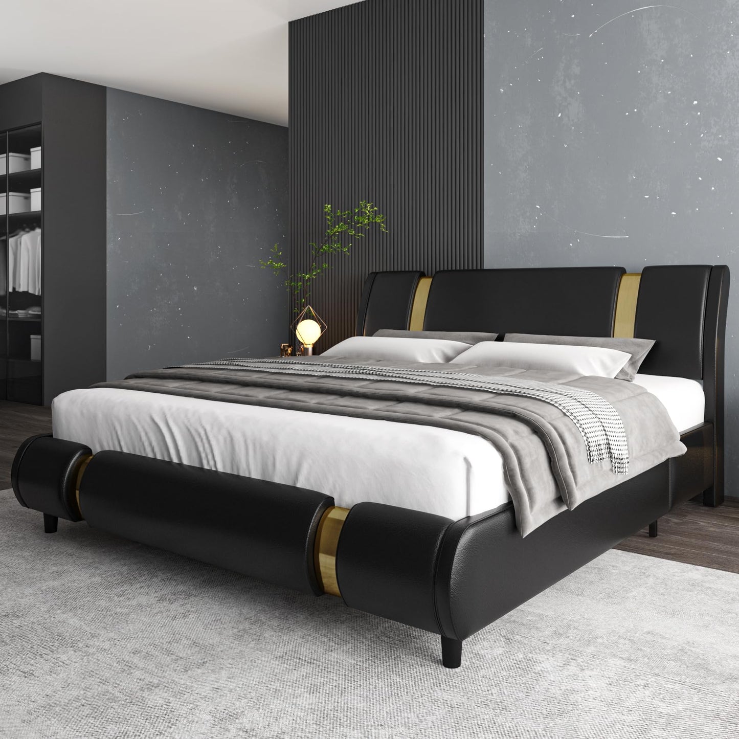 TTVIEW Modern Faux Leather Upholstered Platform Bed Frame with Golden Iron Metal Decor, Adjustable Curved Headboard, Wooden Slats Support, No Box Spring Needed, Queen Size, Black
