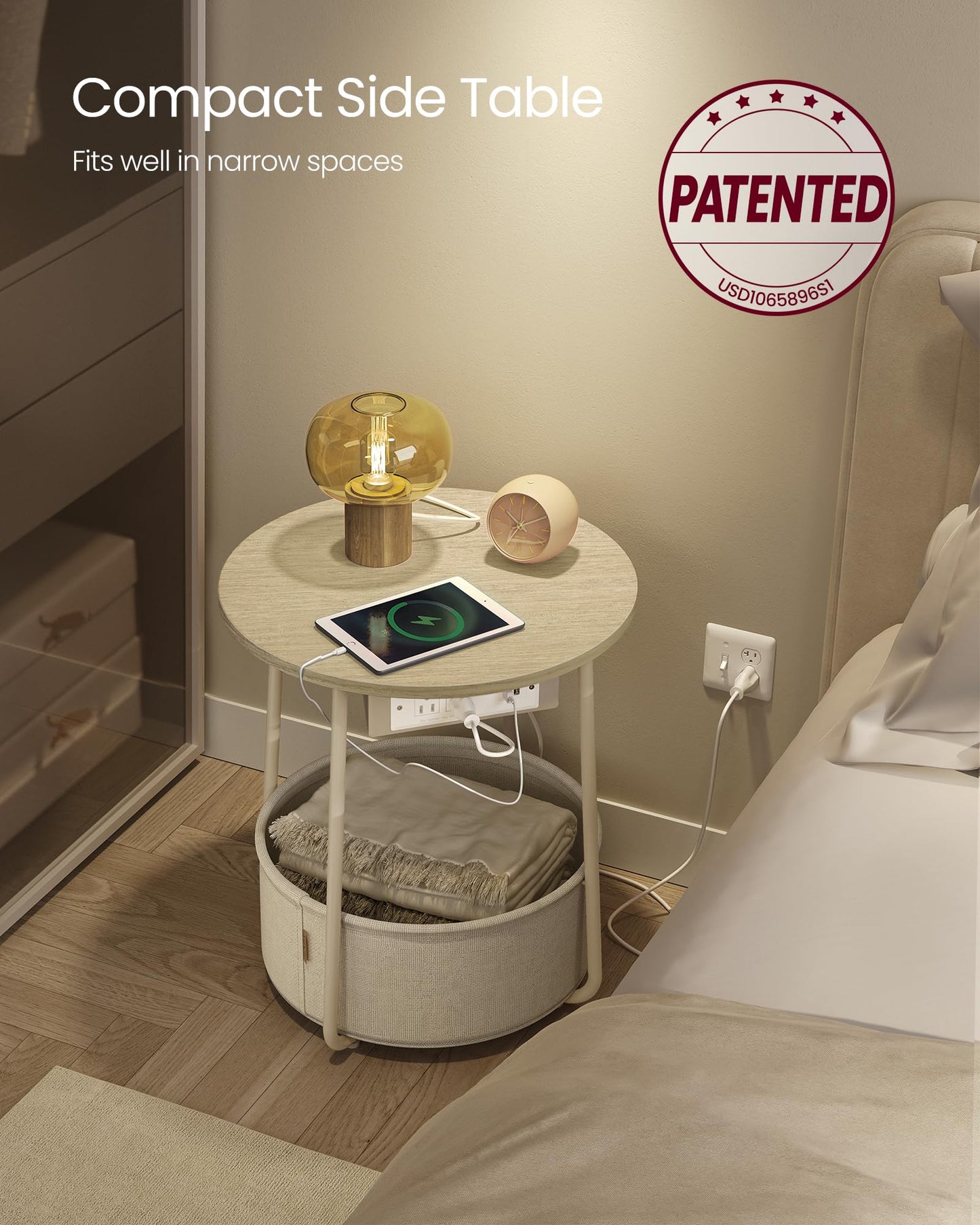 VASAGLE Side Table with Charging Station, Round End Table with Fabric Basket, Nightstand with Power Outlets, USB Ports, for Living Room, Bedroom, Modern, Cream White ULET228N01