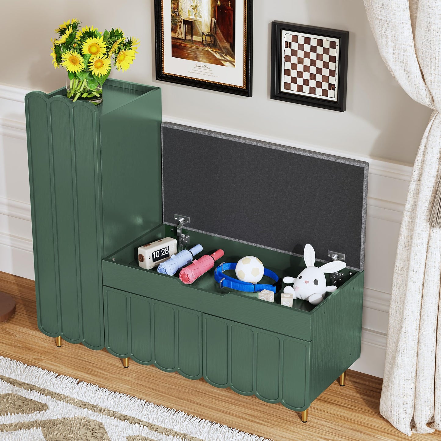3More Shoe Organizer Cabinet，Entryway Bench with Adjustable Shelves and Cushioned Seat，Unique L-Shaped Bench Cabinet for Entryway, Hallway, Living Room