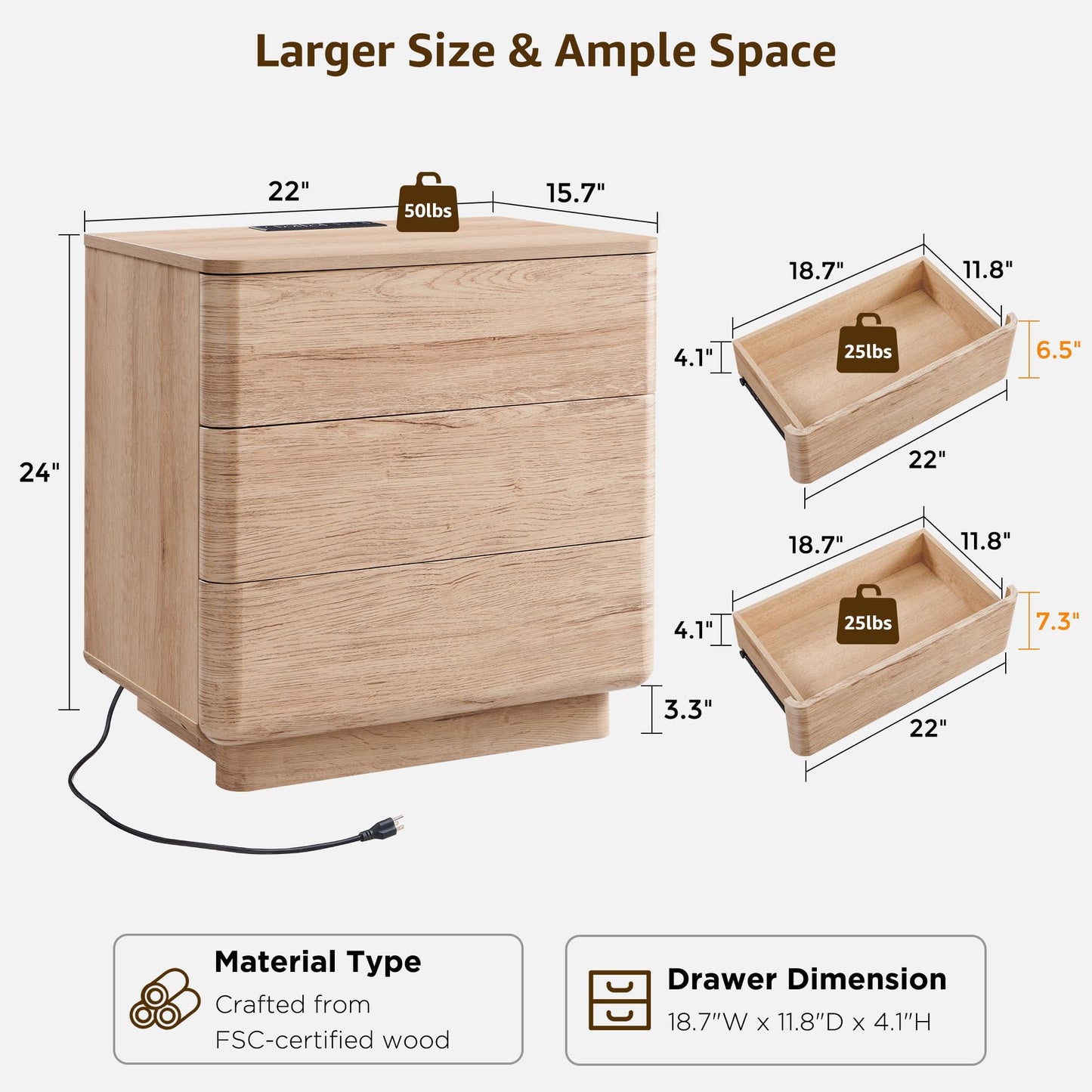 ACCOHOHO 22" Modern Nightstand with Charging Station, 3 Push-to-Open Handleless Drawers Bedside Table, Large End Table with Storage, Night Stand for Bedroom, Living Room, Curved Profile, Natural Oak