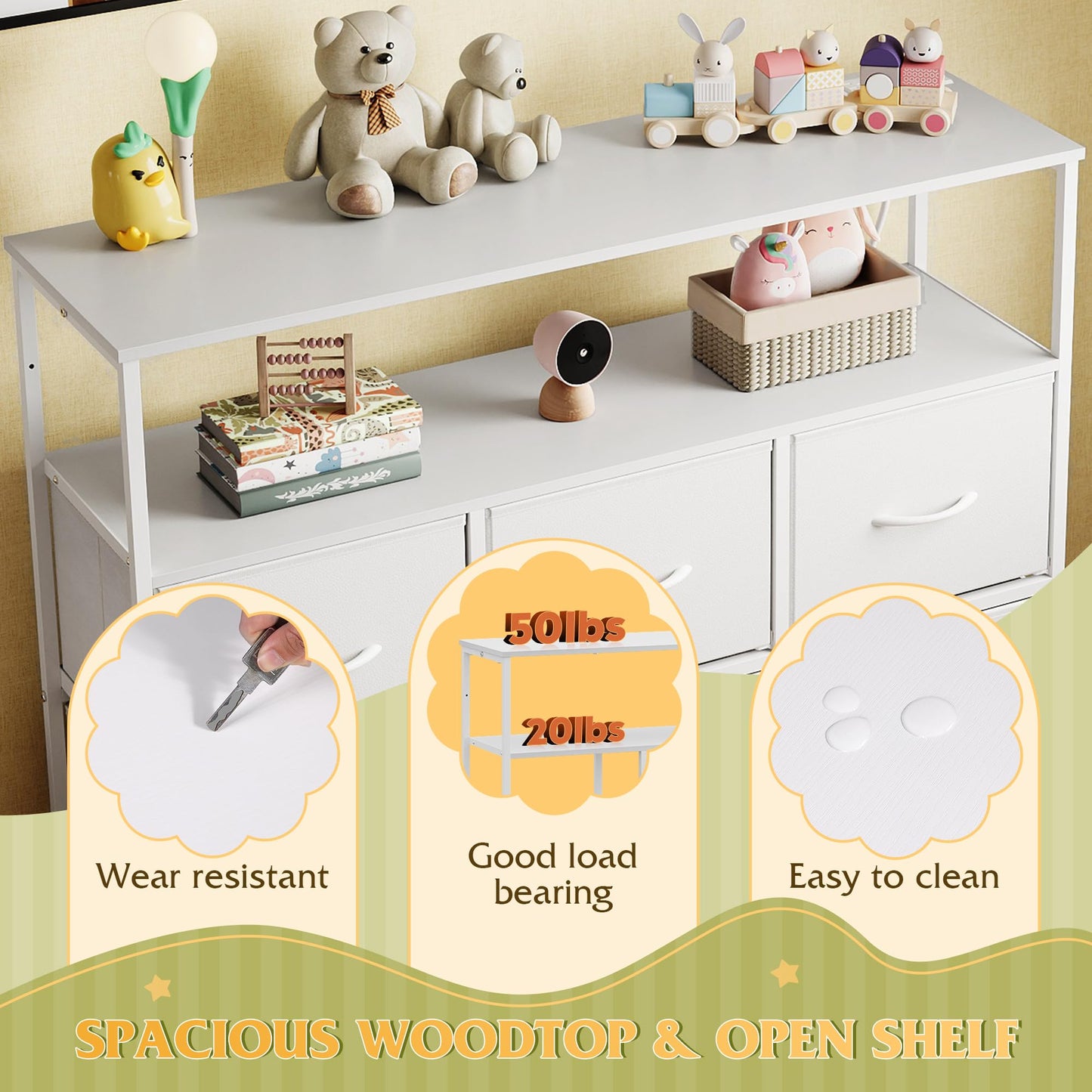 WLIVE White Dresser for Bedroom, 5 Drawer Dressers with Charging Station, Fabric Chest of Drawers with Open Shelves, Storage Dresser for Living Room, Closet, Entryway