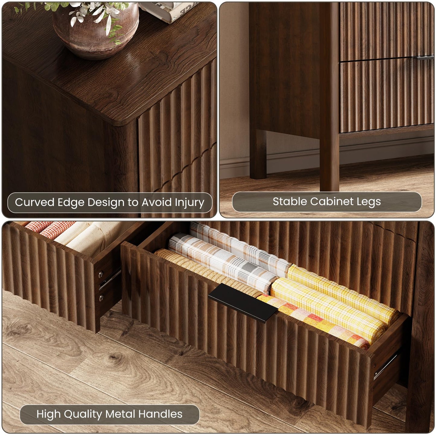 55" Wide Fluted 6 Drawer Dresser for Bedroom, Wooden Dresser Modern Chest of Drawers TV Stand Dressers with Organizer Storage for Bedroom, Living Room, Entryway, Walnut