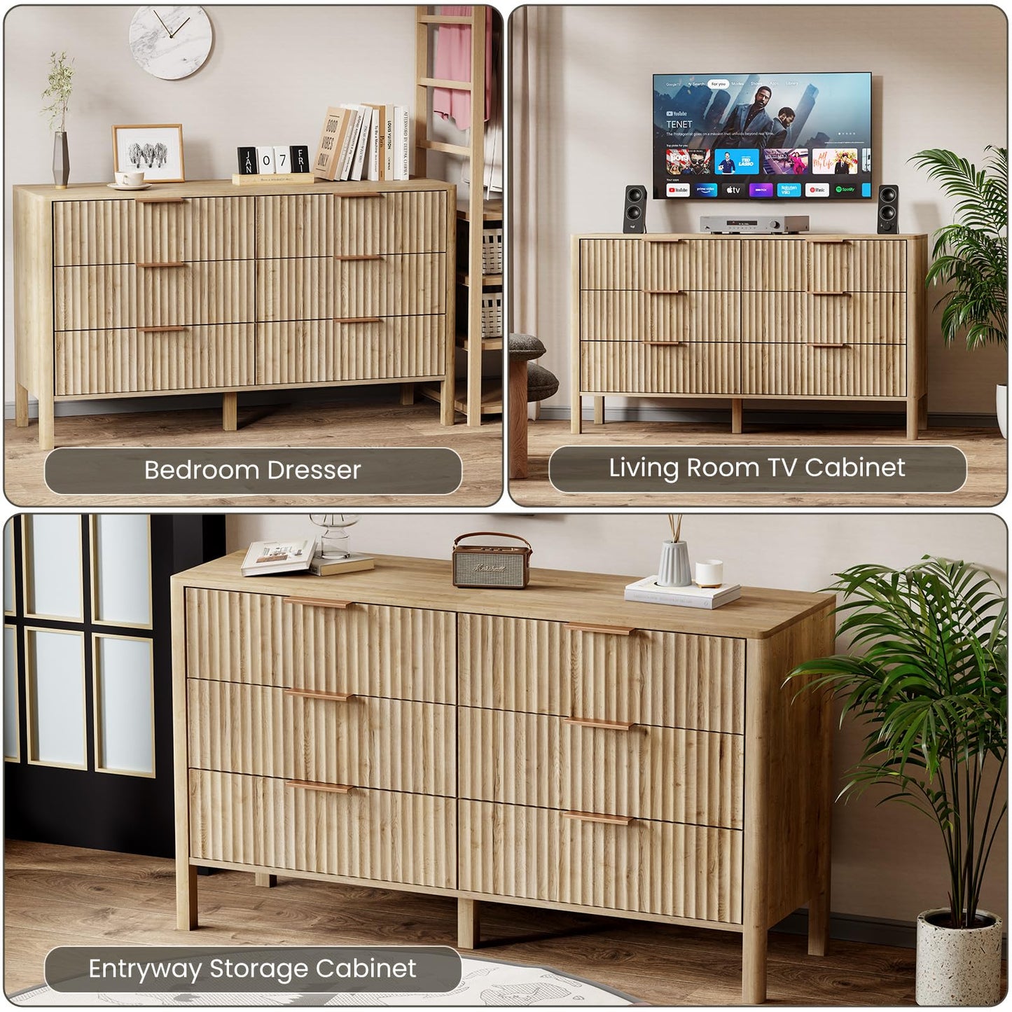 55" Wide Fluted 6 Drawer Dresser for Bedroom, Wooden Dresser Modern Chest of Drawers TV Stand Dressers with Organizer Storage for Bedroom, Living Room, Entryway, Oak