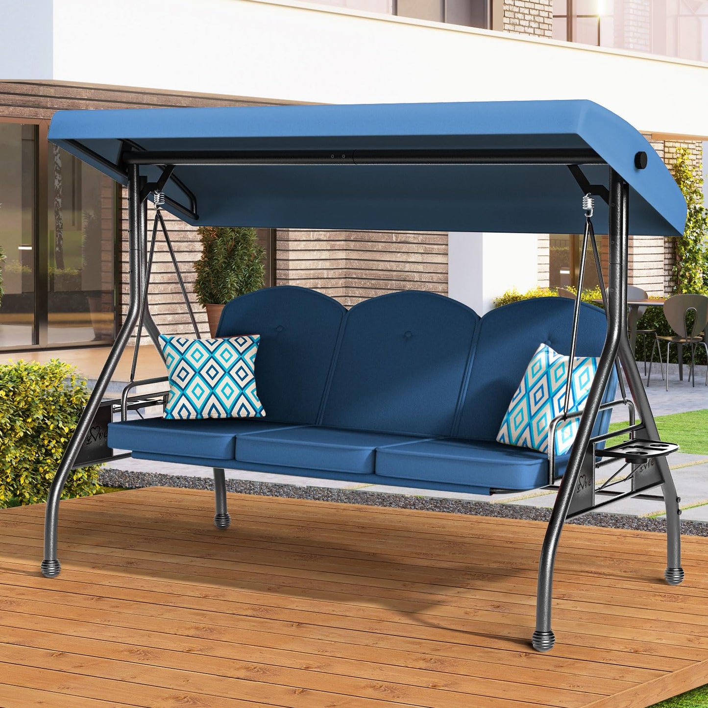 ZZW 3 Seat Outdoor Porch Patio Swing with Stand 800lbs 2-in-1 Convertible Swing Bed with Adjustable Canopy & Removable Cushion for Yard Garden Deck (Blue, Round Tube)