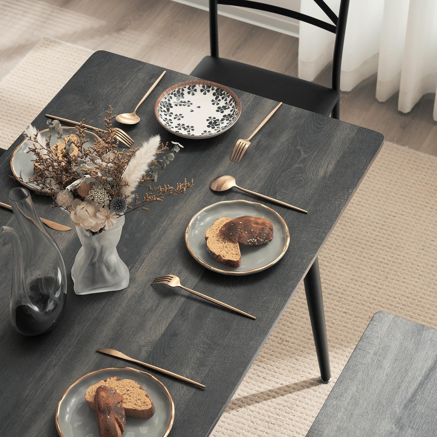 VINGLI Dining Table Set for 6,Farmhouse Rectangular Kitchen Dining Table,4 Chairs & Bench,Wooden Dinner Table Set with Upholstered Chairs for Kitchen, Dining Room, Apartment,Dark Grey,55in