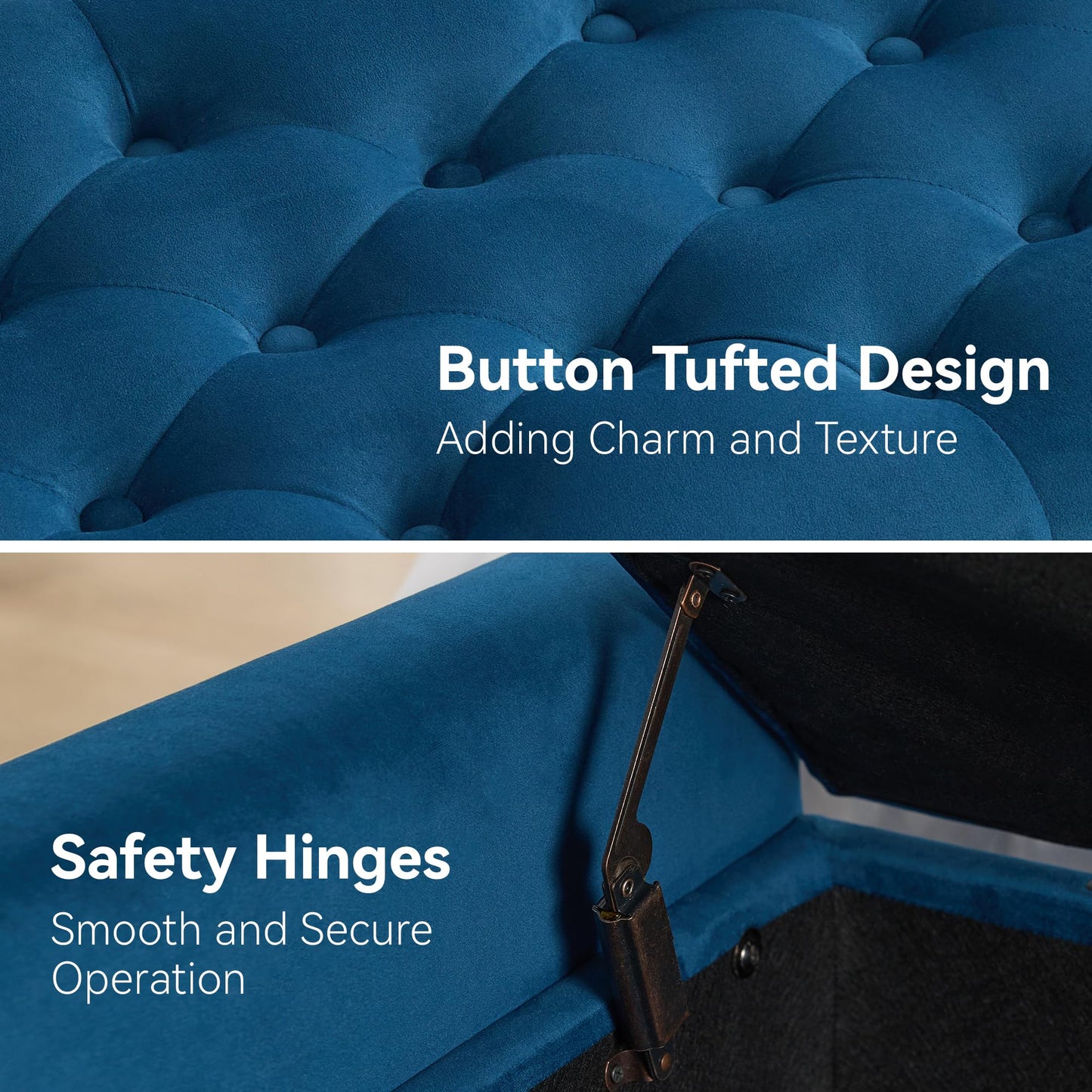 WUTUTUEE 47" Velvet Storage Bench, Upholstered Bed Bench with Storage, End of Bed Ottoman with Wooden Legs,Bedside Storage Bench for Bedroom, Living Room, or Entryway, Blue