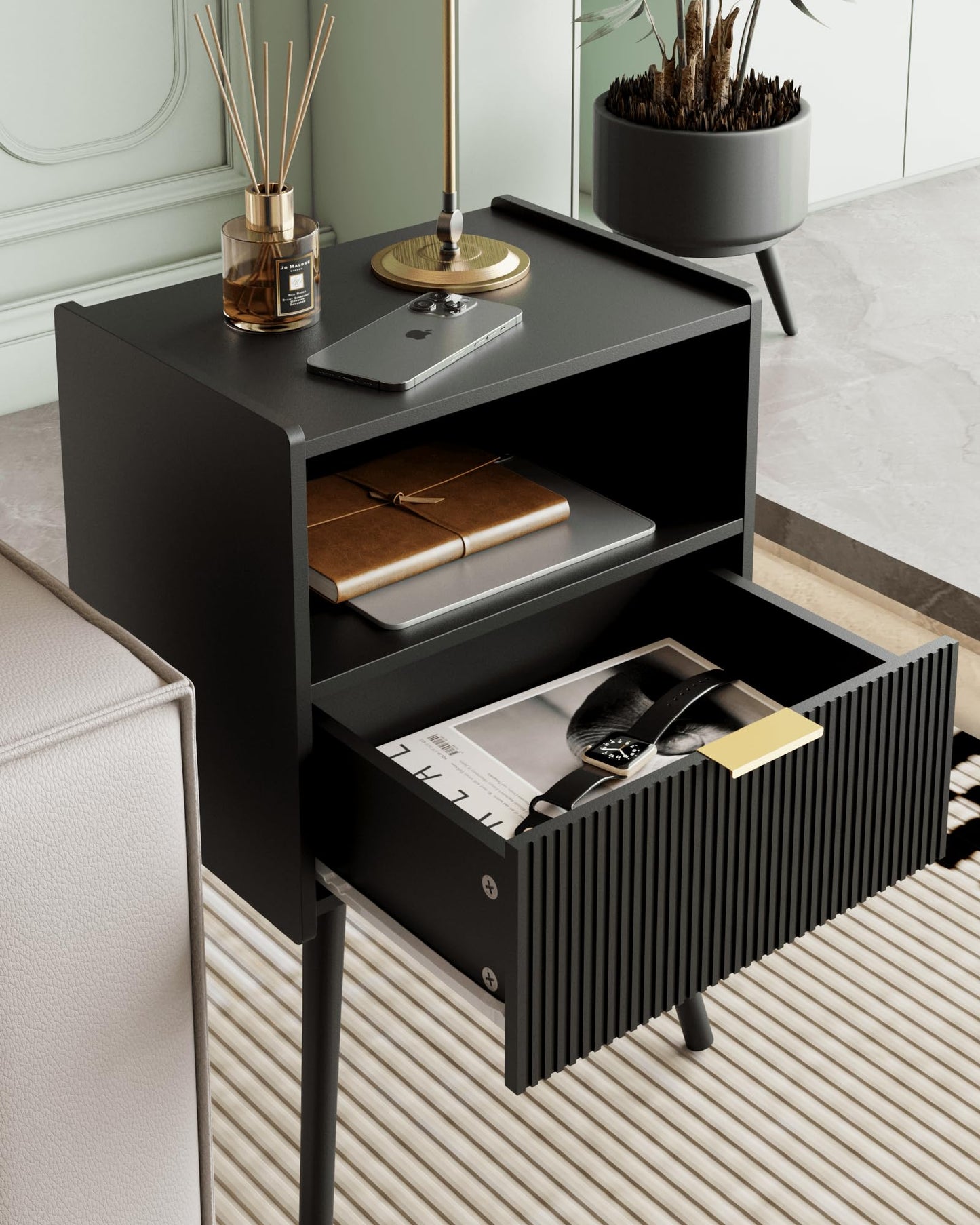 Veegle Nightstand,Modern Bedside Table with Storage Drawer and Open Wood Shelf, Accent Night Stand with Solid Wood Legs for Living Room, Bedroom and Small Spaces,Easy Assembly (Black)