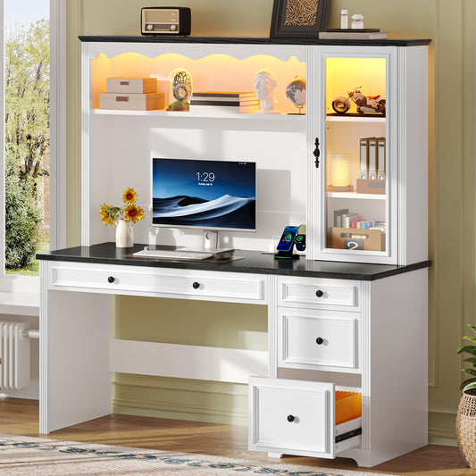 YITAHOME Executive Desk with Hutch and Drawers, Farmhouse Wood Computer Desk with Power Outlet & LED Lights, Home Office Desks with Storage Shelves, Storage Cabinet with Glass Door, White & Black