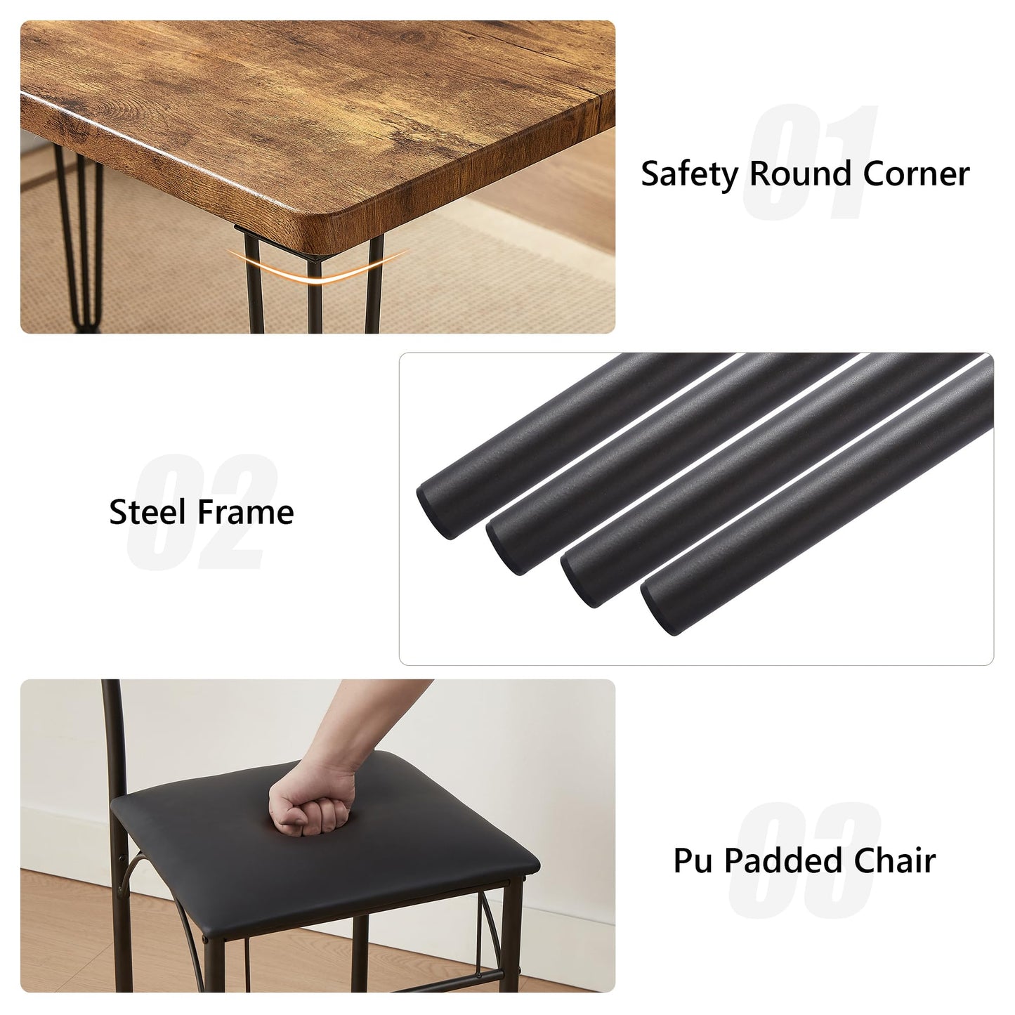 VECELO Kitchen Dining Room Table Set with 2 Chairs for Small Space, Apartment,Metal Steel Frame