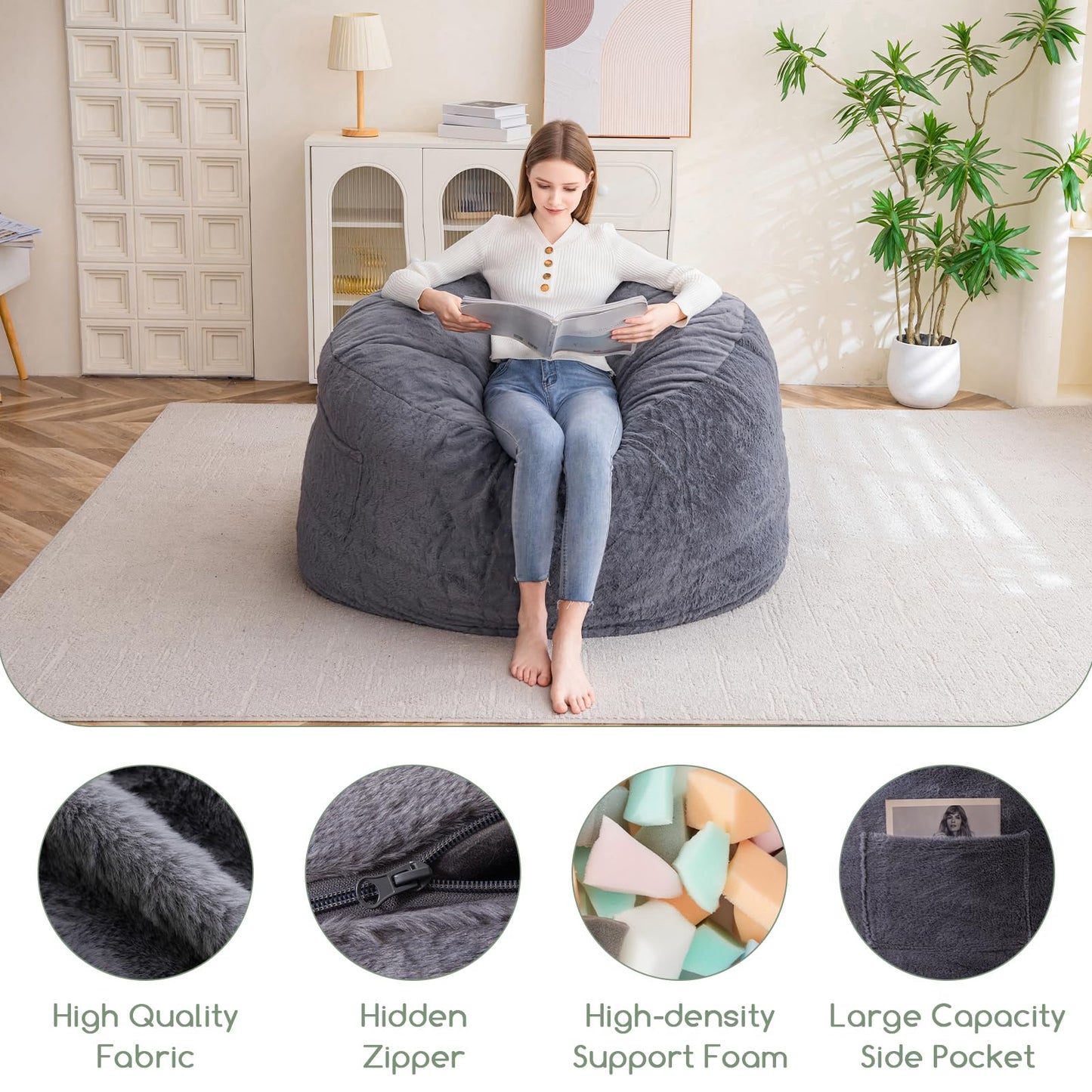 HIGOGOGO Giant Bean Bag Chair Bed for Adults,Convertible Beanbag Folds from Lazy Chair to Floor Mattress Bed,Large Floor Sofa Couch with High-Density Foam Filling, Machine Washable, Dark Grey