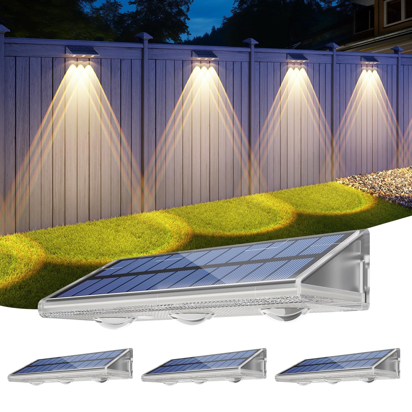 Yilaie Solar Fence Lights Outdoor-IP67 Waterproof 3000K/4500K/6500K,High Brightness LED Fence Lights Solar Powered,Solar Wall Light for Outside Backyard/Railing/Step/Patio/Stair Railings/Pool （4 Pack）