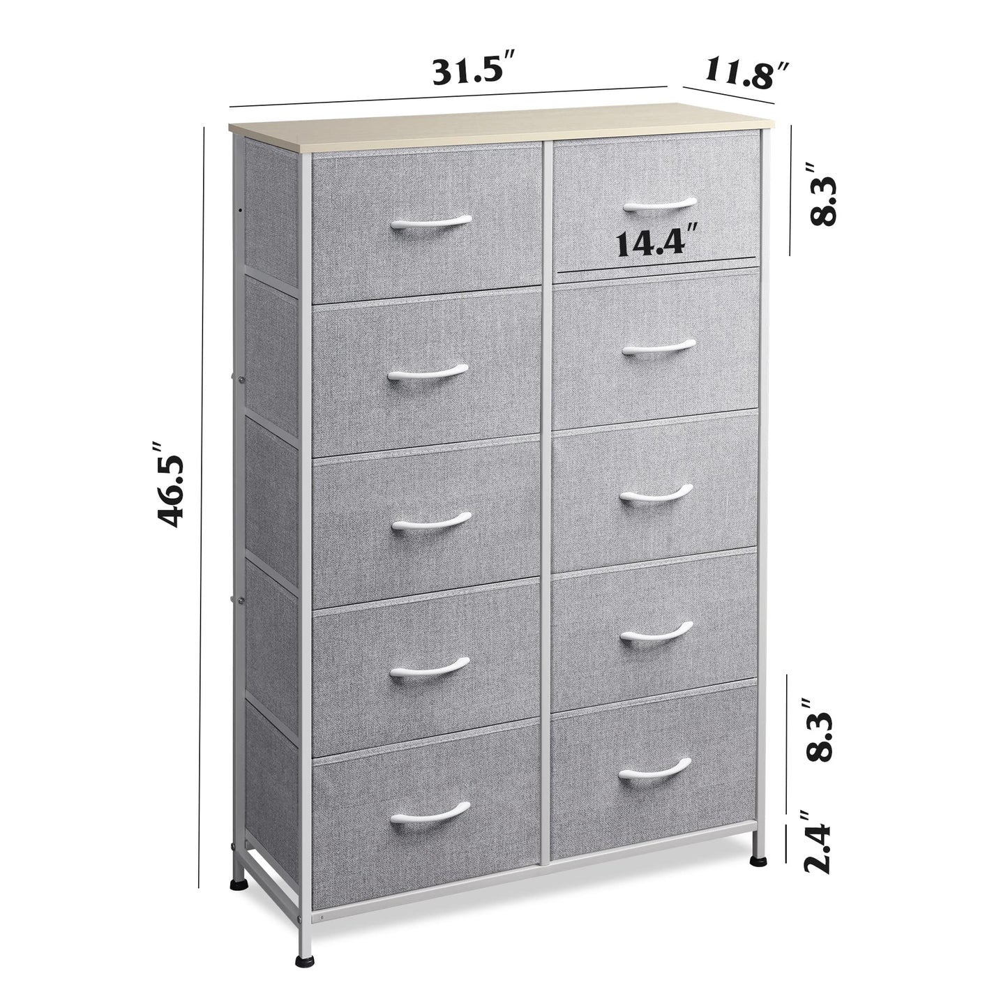 WLIVE Tall Dresser for Bedroom with 10 Drawers, Chest of Drawers, Dressers Bedroom Furniture, Storage Organizer Unit with Fabric Bins for Closet, Hallway, Living Room, Entryway, Light Grey