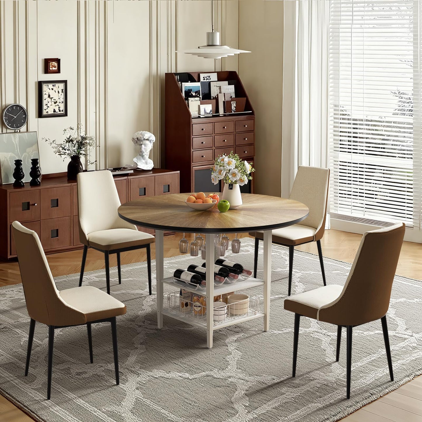 VFK 47'' Round Dining Table Set for 4-6, Farmhouse Kitchen Table with 4 Chairs & Storage Rack, Rustic Wood Dining Set with Sturdy Metal Base for Dining Room & Living Room