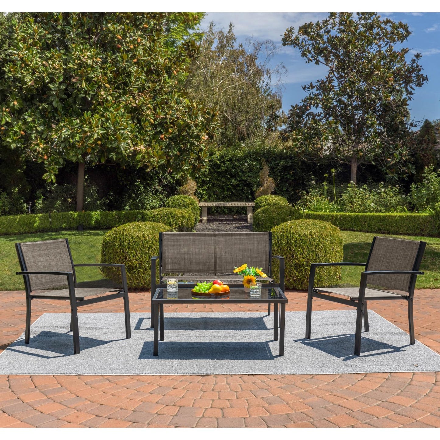 Devoko 4 Pieces Patio Furniture Set Outdoor Garden Patio Conversation Sets Poolside Lawn Chairs with Glass Coffee Table Porch Furniture (Brown)