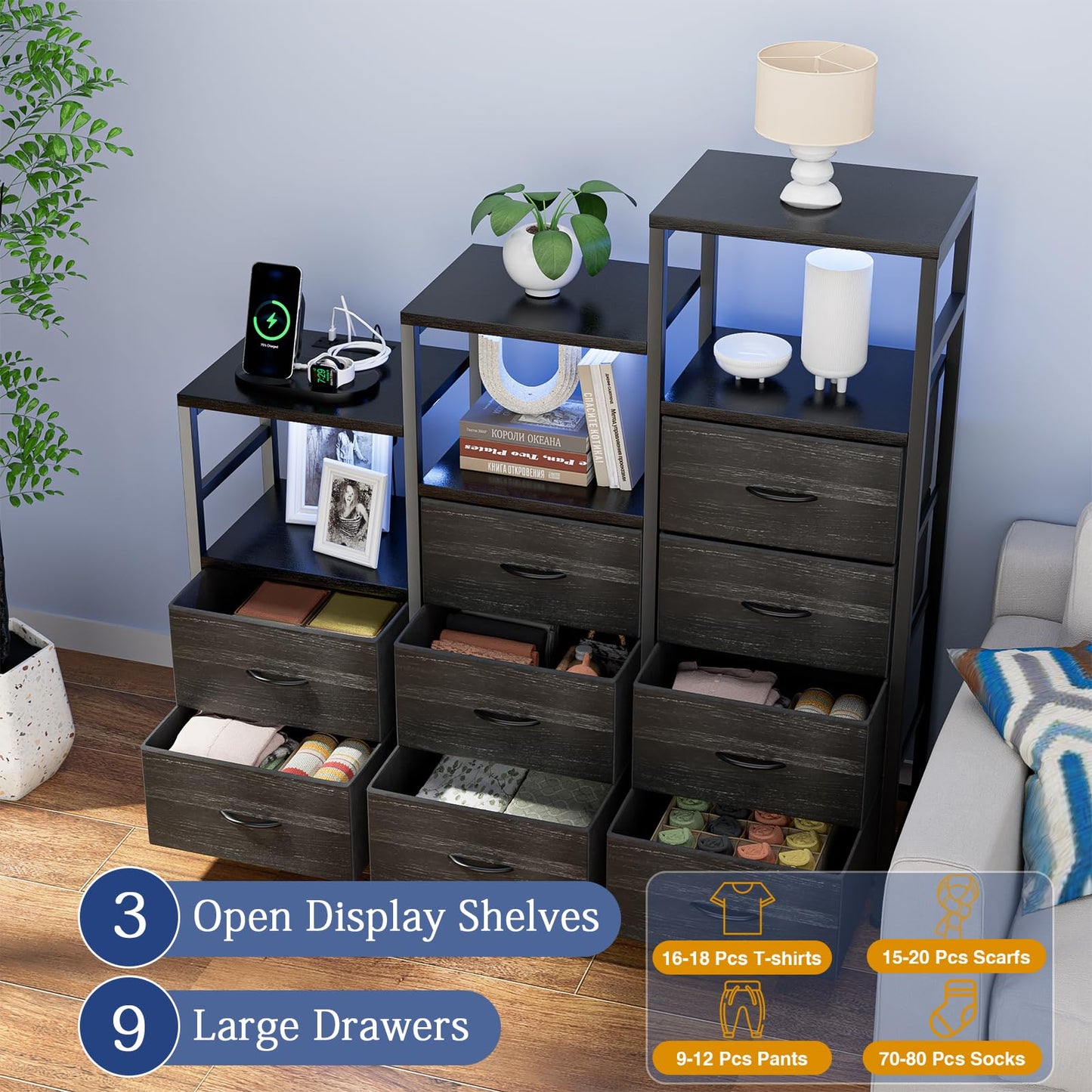 HPWLYO 9 Drawer Dresser with LED Light, Tall Fabric Drawers Dresser for Bedroom with Power Outlets, Dressers & Chests of Drawers with 3 Shelves for Bedroom