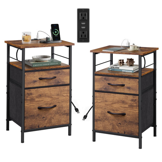 WLIVE Night Stand Set 2, Nightstand with Charging Station, Bedside Tables for Bedroom, Side Table with Fabric Drawers, USB Ports and Outlets, Rustic Brown