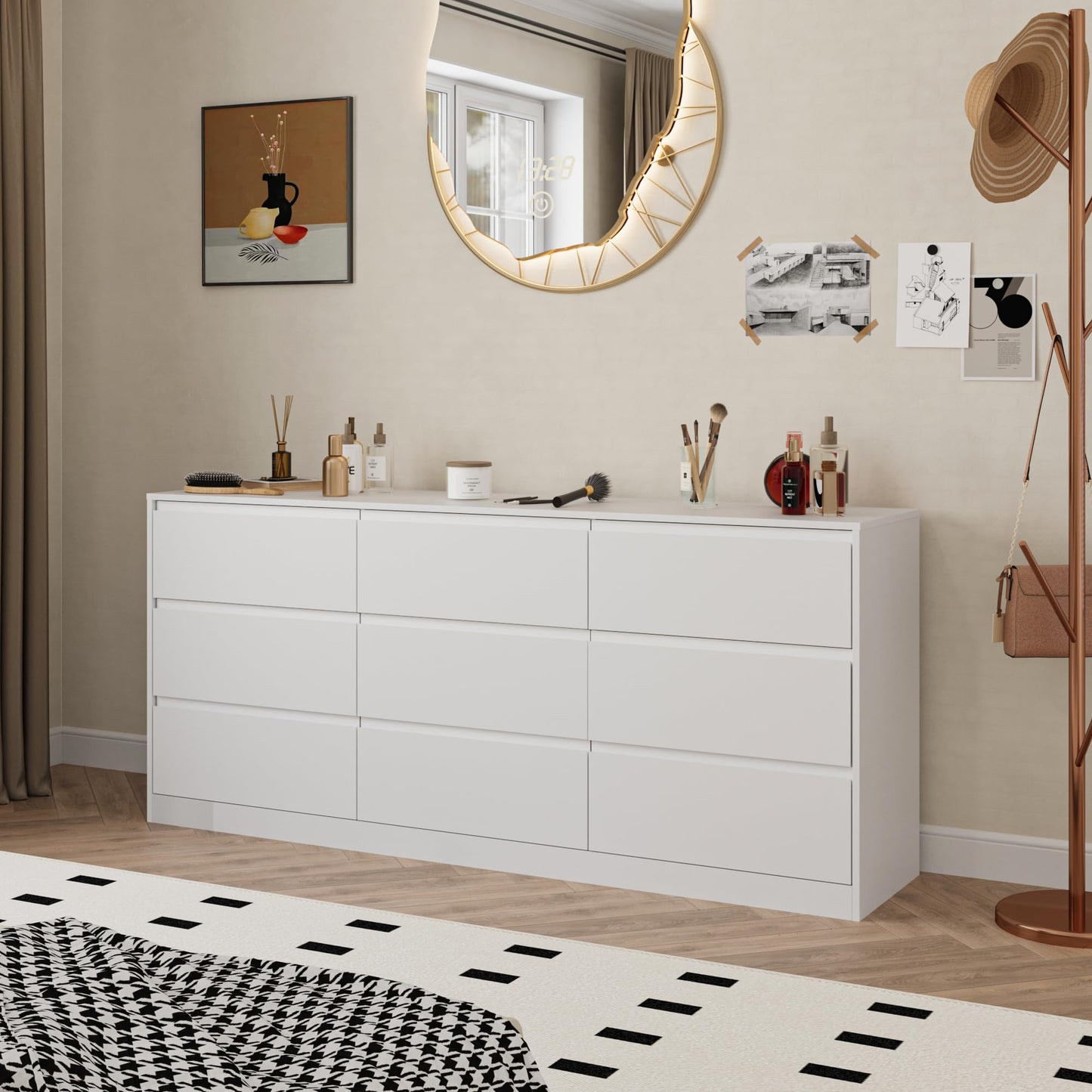 70.9” Dresser for Bedroom with 9 Drawers, Large Modern Chest of Drawers with Deep Drawers, Wide Double Dresser Handle Free, Storage Organizer for Bedroom, Living Room, Hallway (White)