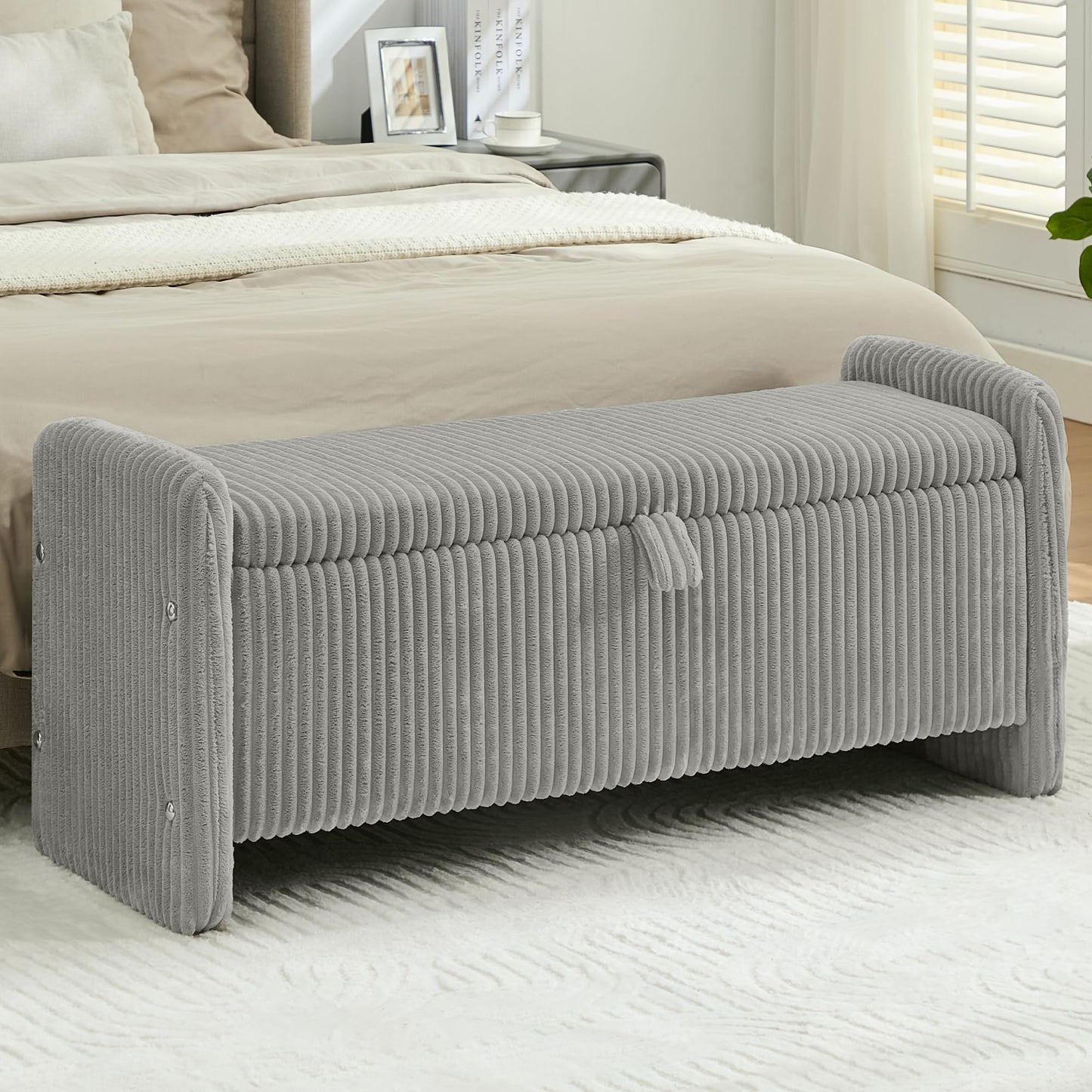 WUTUTUEE 44'' Corduroy Storage Ottoman Bench, Upholstered End of Bed Storage Bench with Safety Hinge, Linear Bed Bench for Bedroom, Living Room, Entryway, Grey