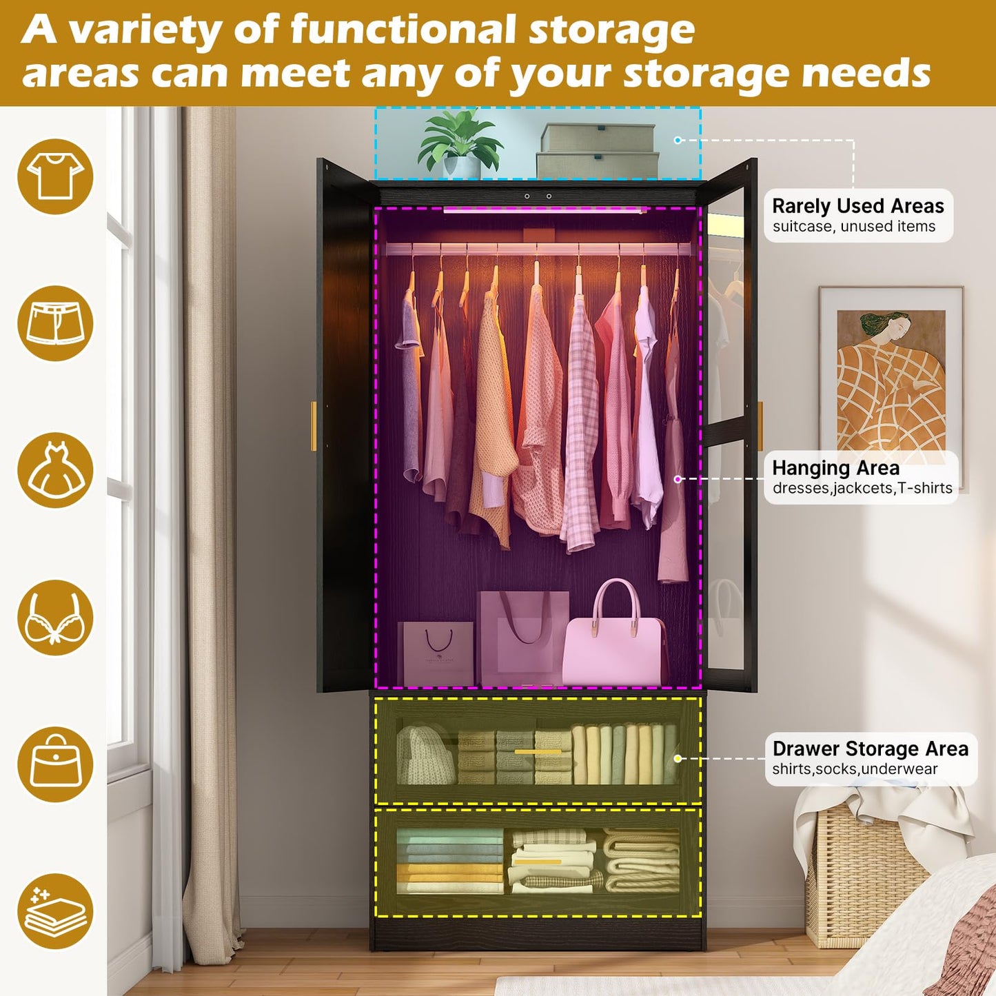 2 Doors Armoire Wardrobe Closet with LED and Mirror,71" H Freestanding Wooden Wardrobe Closet Cabinet for Bedroom w 2 Drawers,Wooden Clothing Storage Cabinet w Hanging Rod,Closets for Bedroom(Black)