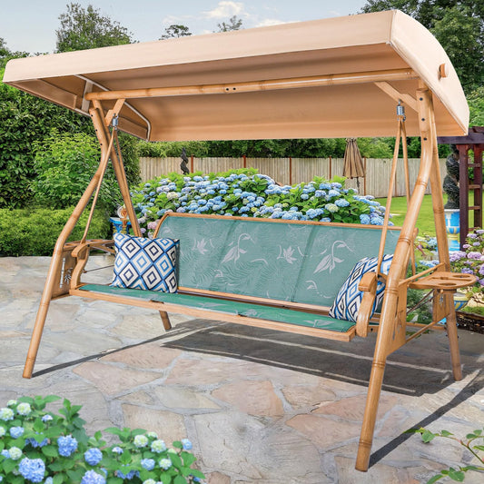 ZZW 3 Person Patio Swing Outdoor Swing for Adults with Adjustable Canopy &Upgraded Cup Holders Textilene Fabric Porch Swing Chair with Stand Heavy Duty 800 LBS