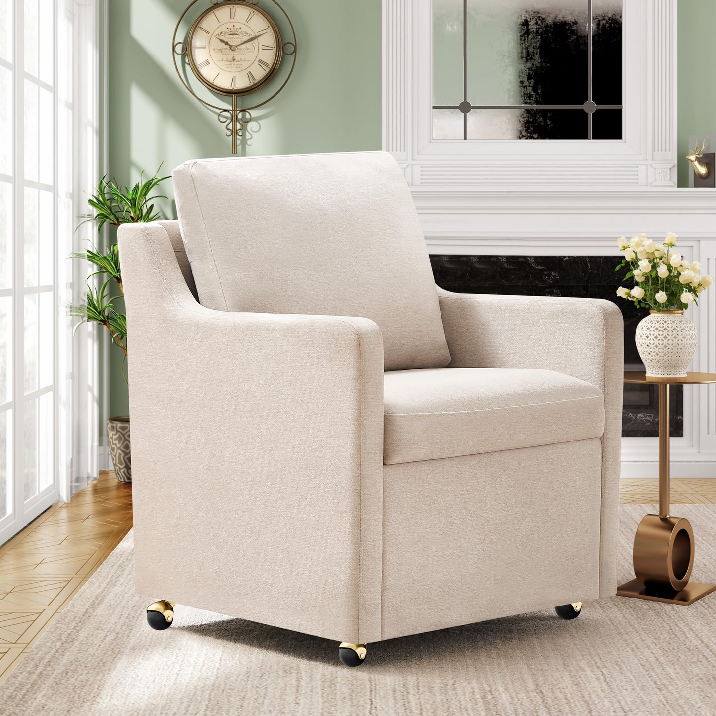 VIKAYAMICS Modern Dining Chair, Linen Upholstered Dining Chairs with Back Pillow and 4 Casters, Accent Armchair for Reading Room Living Room Bedroom