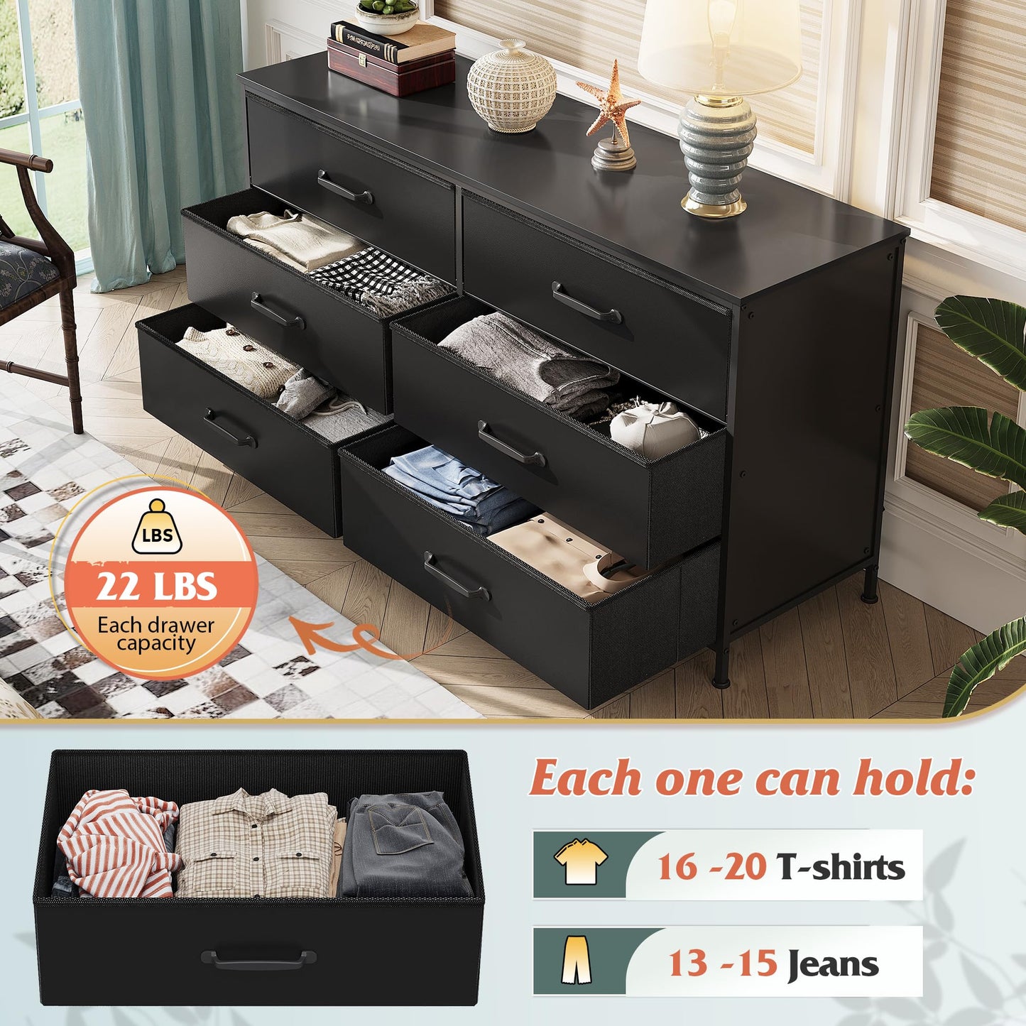 WLIVE 6 Drawer Dresser for Bedroom Large, Fabric Black Dresser TV Stand for 50, 55, 60 inch TV, Wide Long Chest of Drawers with Deep Drawer for Closet, Bedroom, Living Room, Hallway